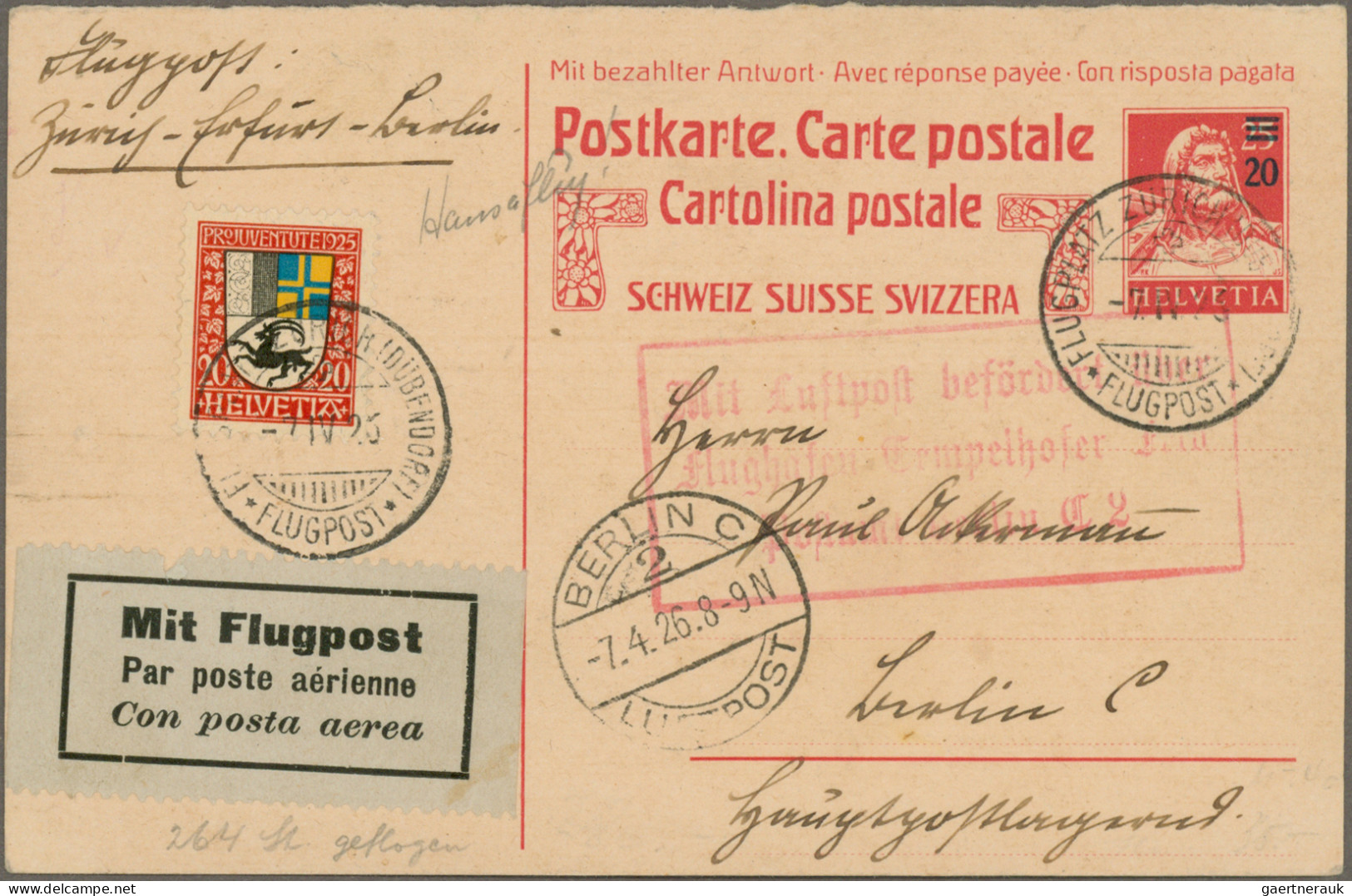 Air Mail - Germany: 1926,6.4., Erstflug Erfurt-Zürich Auf Brief Mit Dewitz-Vigne - Airmail & Zeppelin