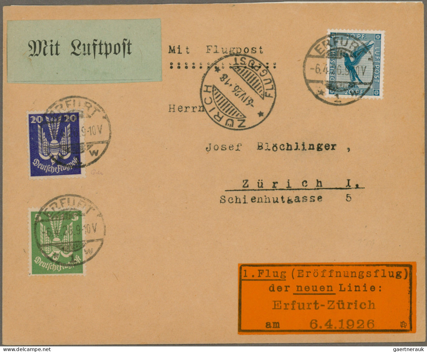 Air Mail - Germany: 1926,6.4., Erstflug Erfurt-Zürich Auf Brief Mit Dewitz-Vigne - Luft- Und Zeppelinpost