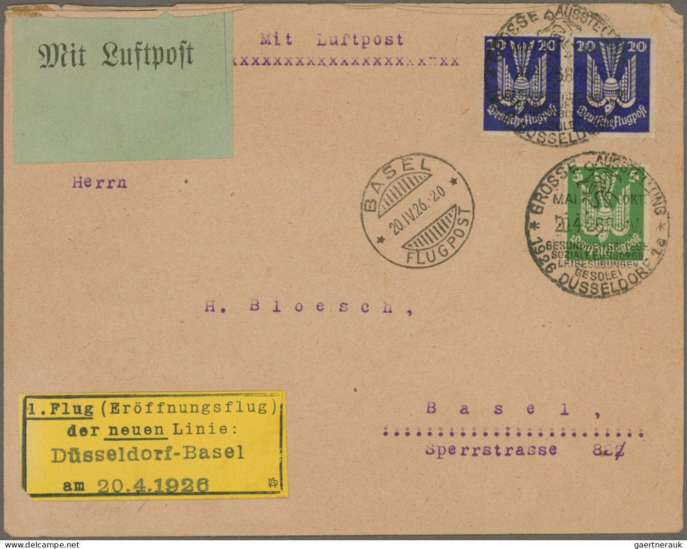 Air Mail - Germany: 1926,20.4., Erstflug Düsseldorf-Basel Auf Brief (oben Etwas - Luft- Und Zeppelinpost