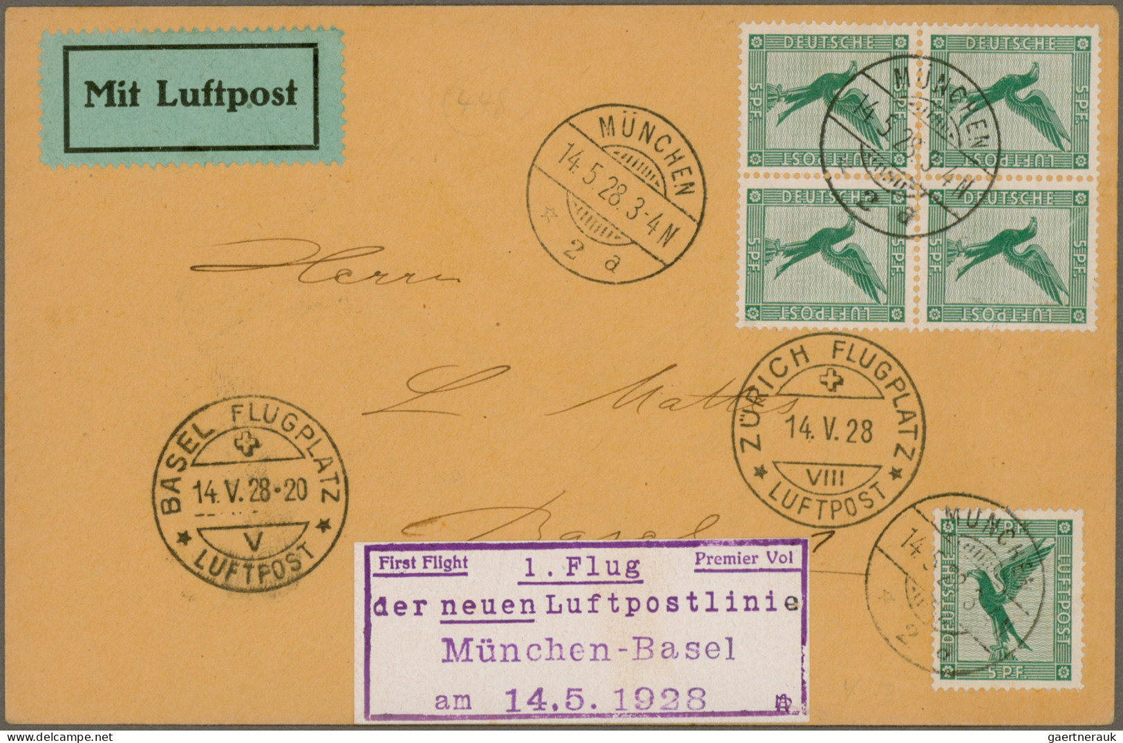 Air Mail - Germany: 1928,14.5., 2 Erstflüge München-Basel Auf Drucksache-Brief M - Airmail & Zeppelin