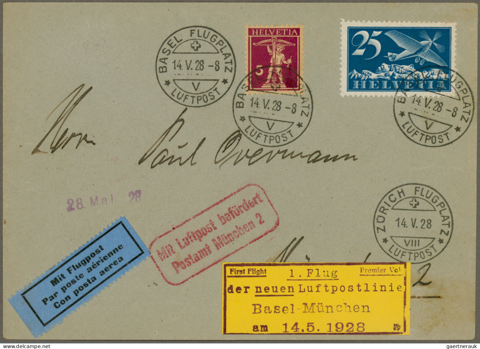 Air Mail - Germany: 1928,14.5., 2 Erstflüge München-Basel Auf Drucksache-Brief M - Airmail & Zeppelin