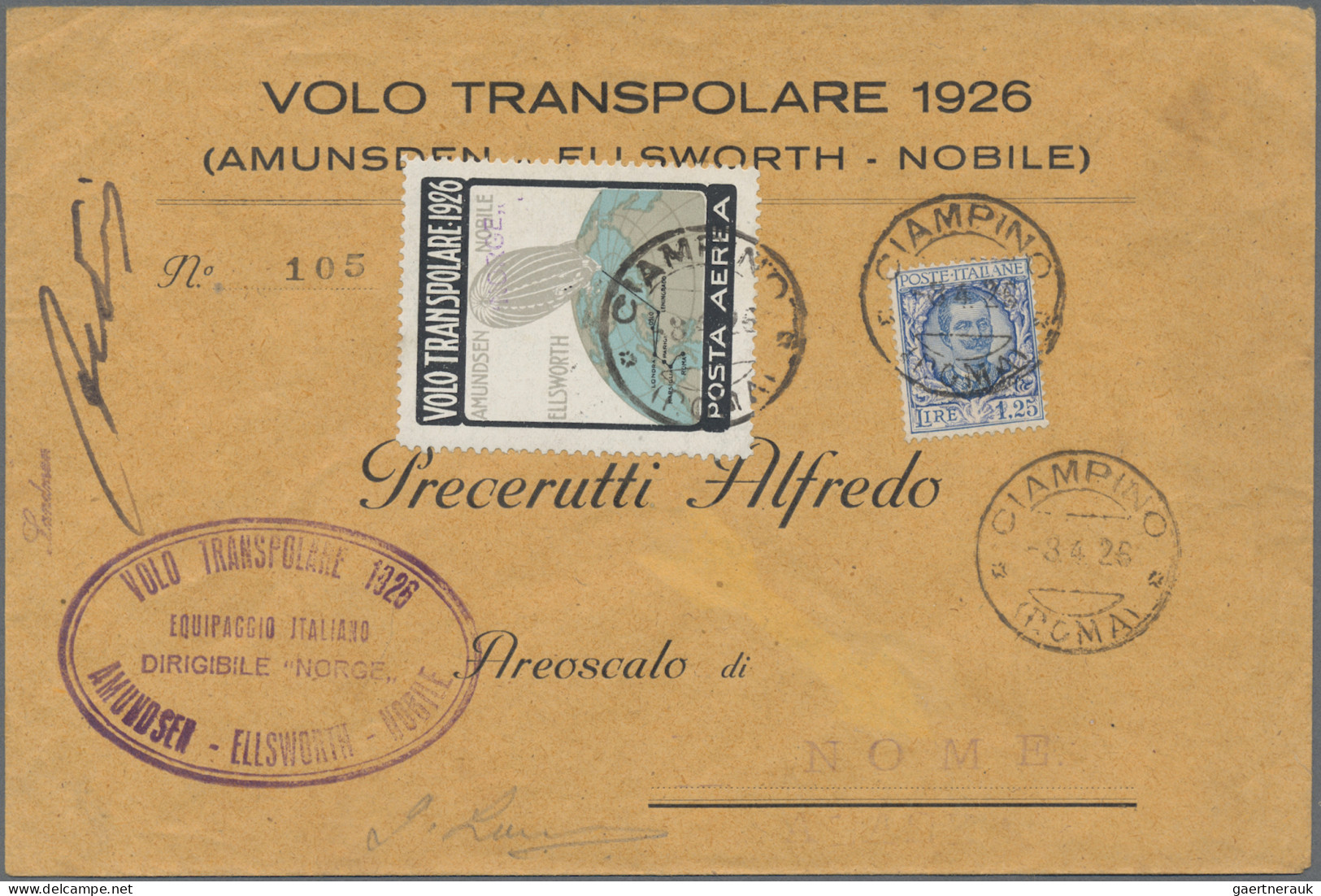 Airmail - Europe: 1926, April, Amundsen-Ellsworth-Nobile Flight, Cover (no. 105) - Europe (Other)