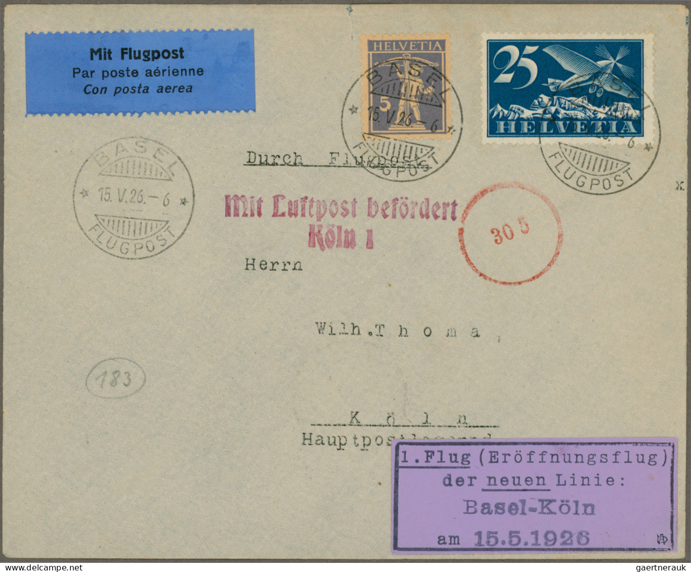 Airmail - Europe: 1926, 15.5., SCHWEIZ, 2 Erstflüge Basel-Köln Und Basel-Frankfu - Sonstige - Europa