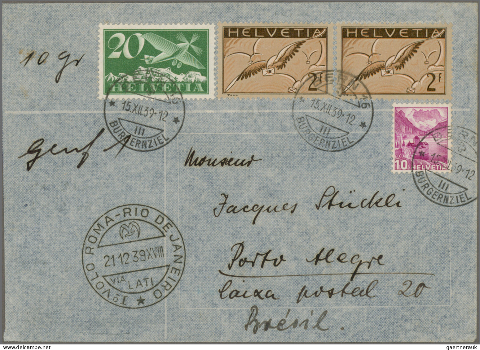 Airmail - Europe: 1939, 21.12., SCHWEIZ, LATI-Erstflug Rom-Rio Auf Brief Mit U.a - Autres - Europe