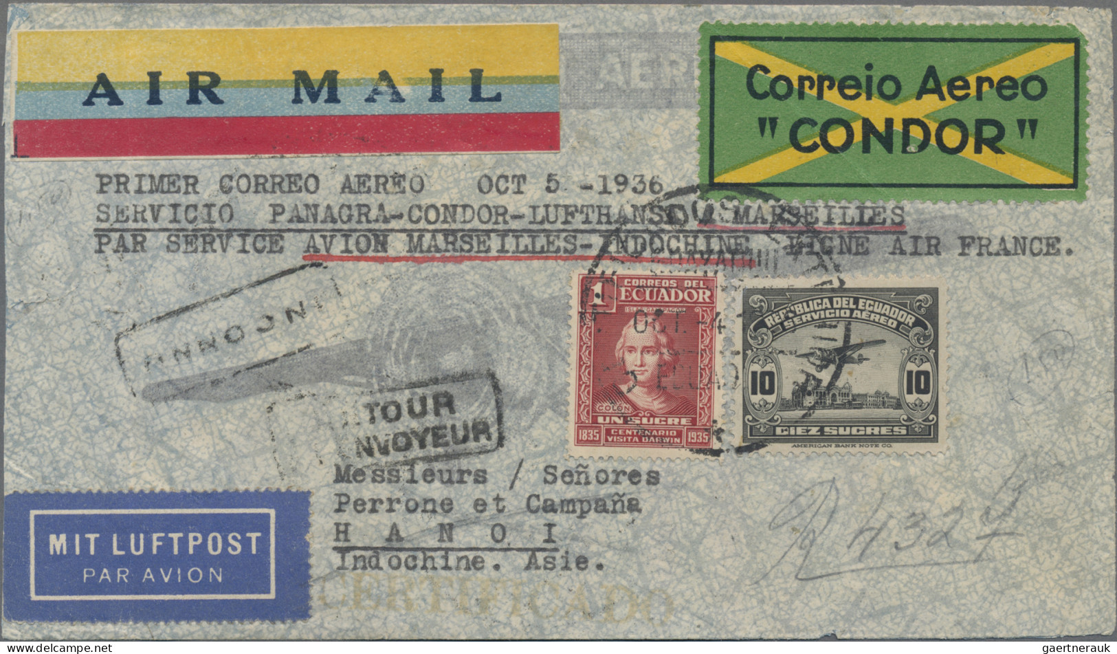 Airmail - Overseas: 1936 (Oct. 5), 1st Airmail Service Panagra-Condor-Lufthansa, - Other & Unclassified