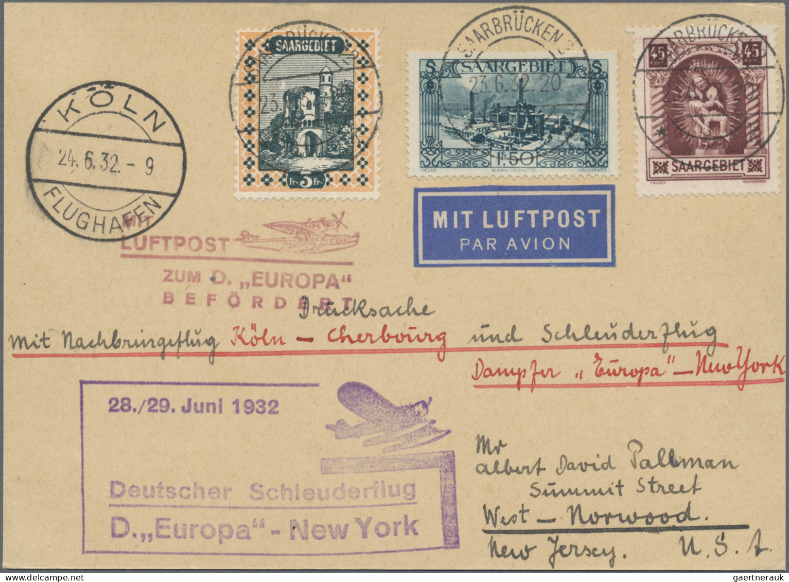 Skid Flight Mail: 1932 (28./29.6.), Mit Luftpost Zum Dampfer "EUROPA" / Deutsche - Poste Aérienne & Zeppelin
