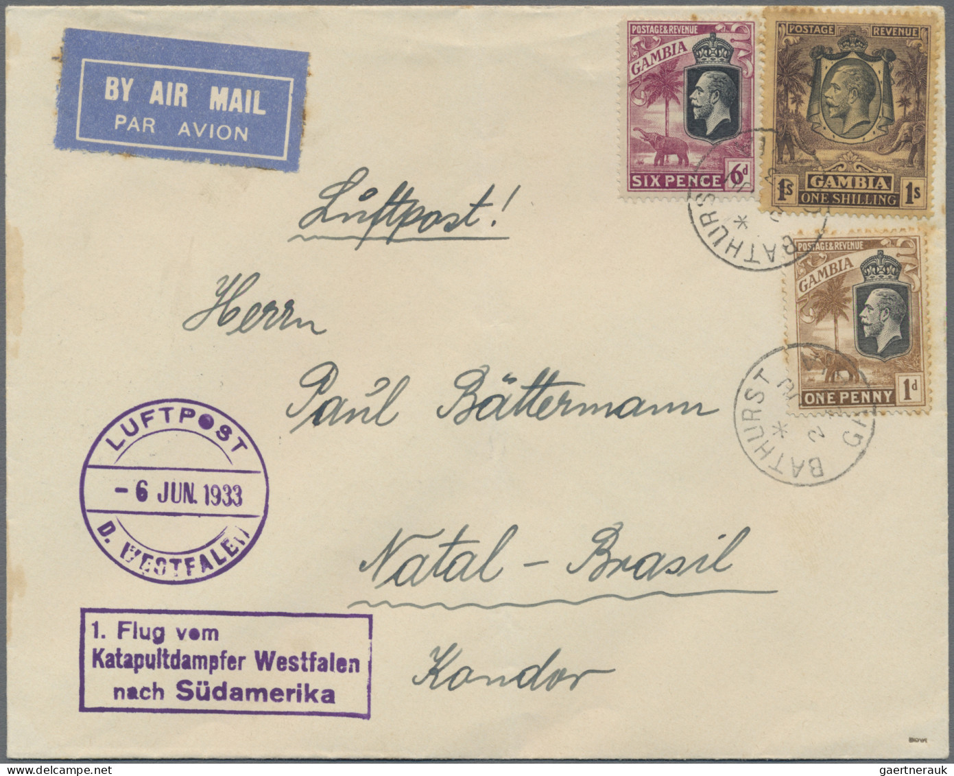 Skid Flight Mail: 1933, Dampfer Westfalen, Brief Aus Bathurst/Gambia Mit Mi-Nr.1 - Luft- Und Zeppelinpost