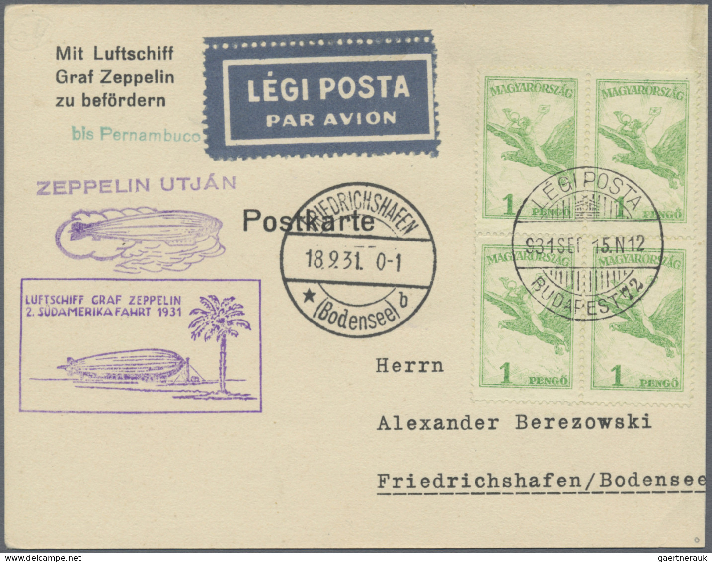 Zeppelin Mail - Europe: 1931, 1st+2nd South America Trip, Hungary, Cover And Car - Andere-Europa