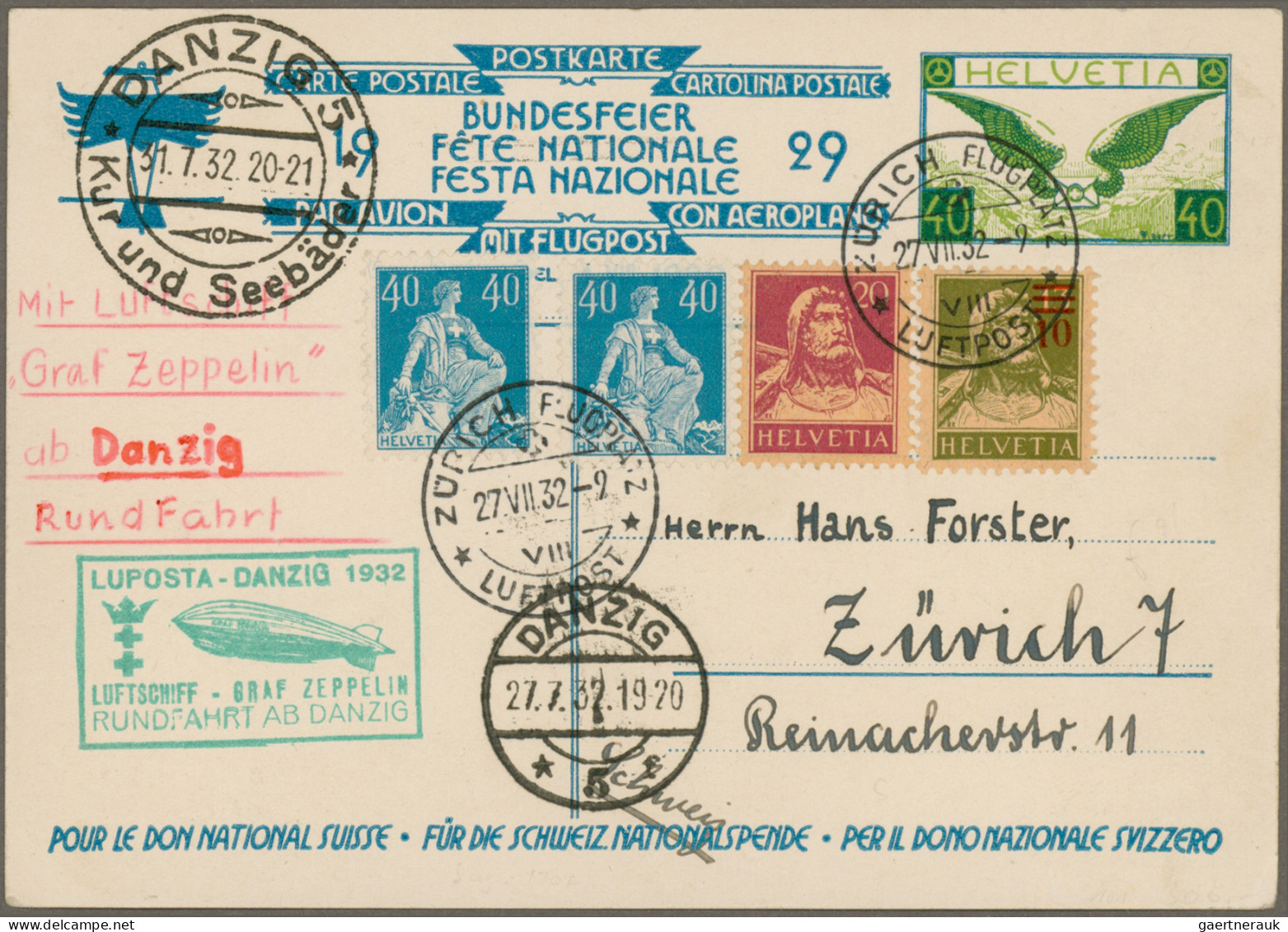 Zeppelin Mail - Europe: 1932, SCHWEIZ, Lupostafahrt, Rundfahrt Ab Danzig, Abgabe - Sonstige - Europa