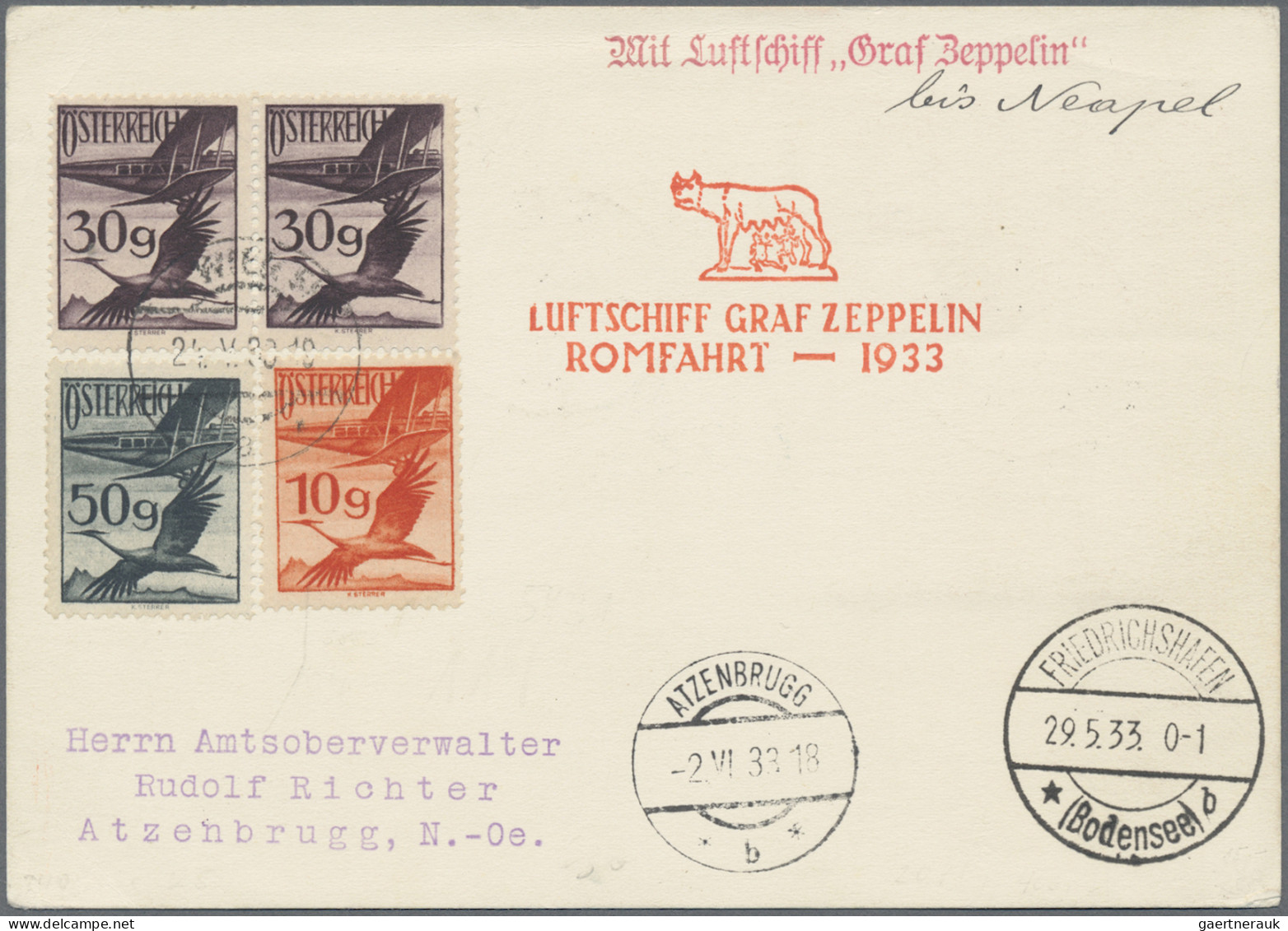 Zeppelin Mail - Europe: 1933, ÖSTERREICH, Romfahrt Auf Karte (Frankatur Teils Rü - Sonstige - Europa