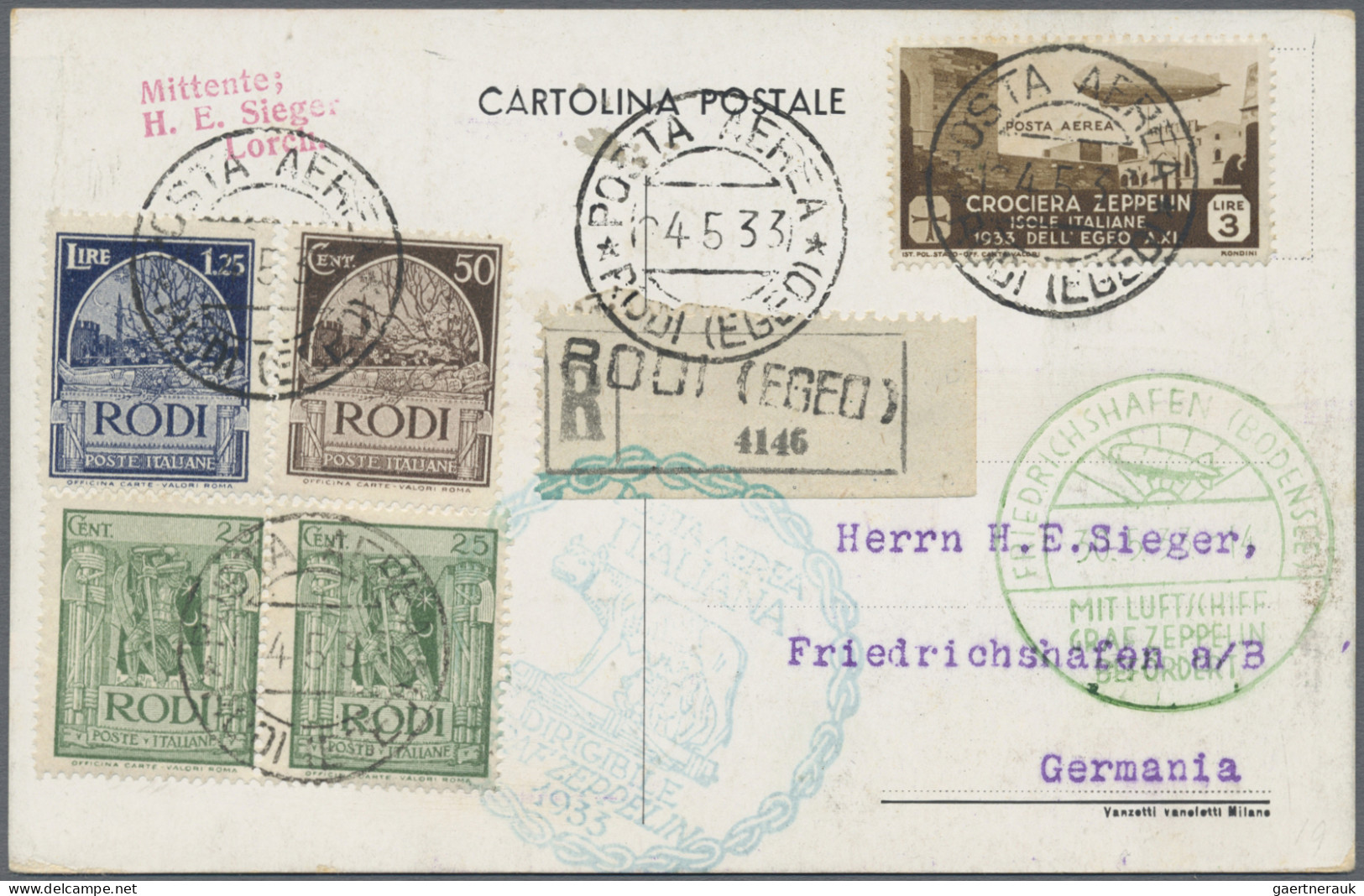 Zeppelin Mail - Europe: 1933, ITALIENFAHRT, ägäische Post, Ab Rodi Auf R-Karte M - Autres - Europe