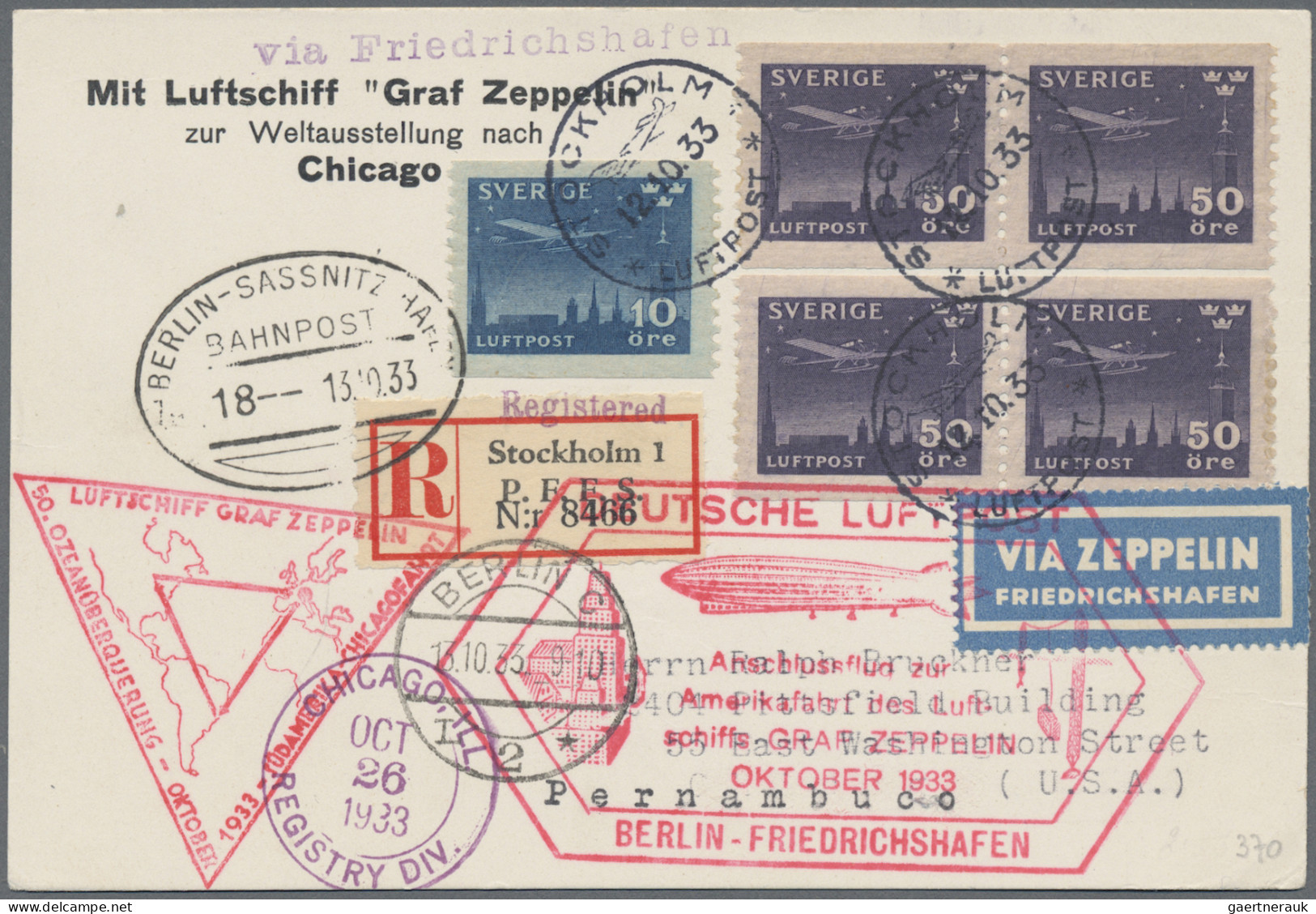 Zeppelin Mail - Europe: 1933, SCHWEDEN, Chicagofahrt Auf R-Karte Ab Stockholm Mi - Sonstige - Europa