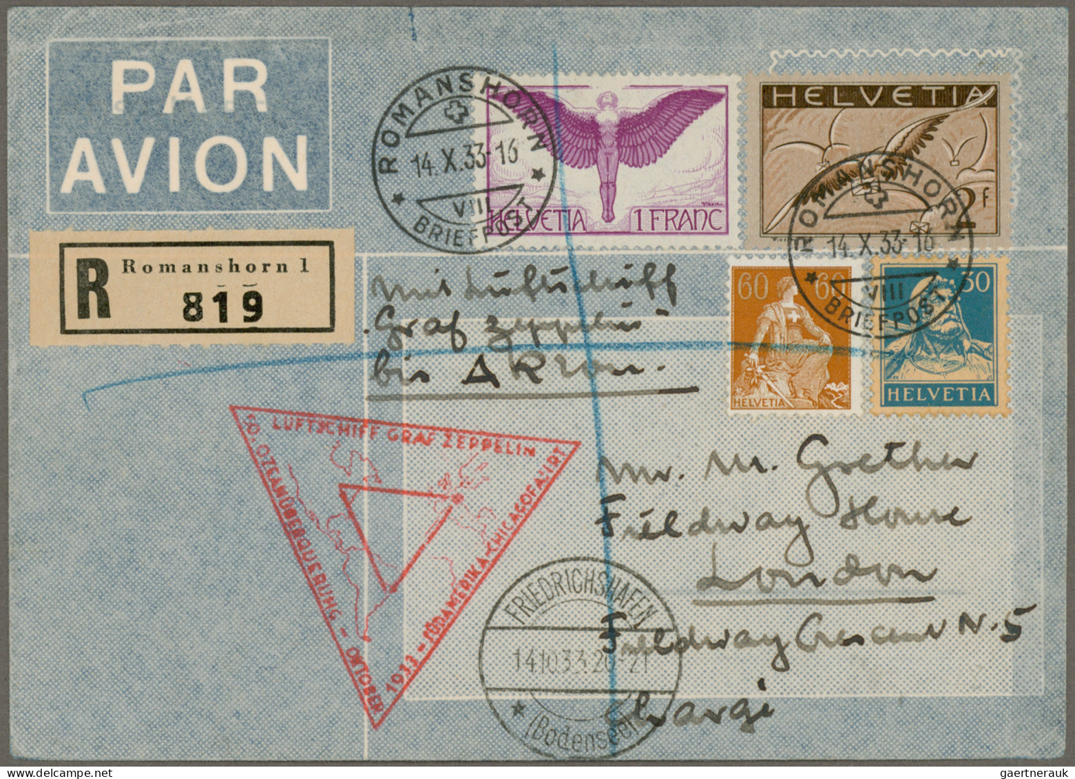 Zeppelin Mail - Europe: 1933, Chicagofahrt, Schweizer Post, R-Brief Mit Besserer - Autres - Europe