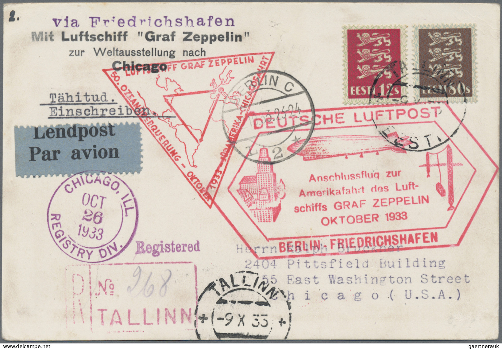 Zeppelin Mail - Europe: 1933, ESTLAND, CHICAGOFAHRT Zur Weltausstellung, Einschr - Sonstige - Europa