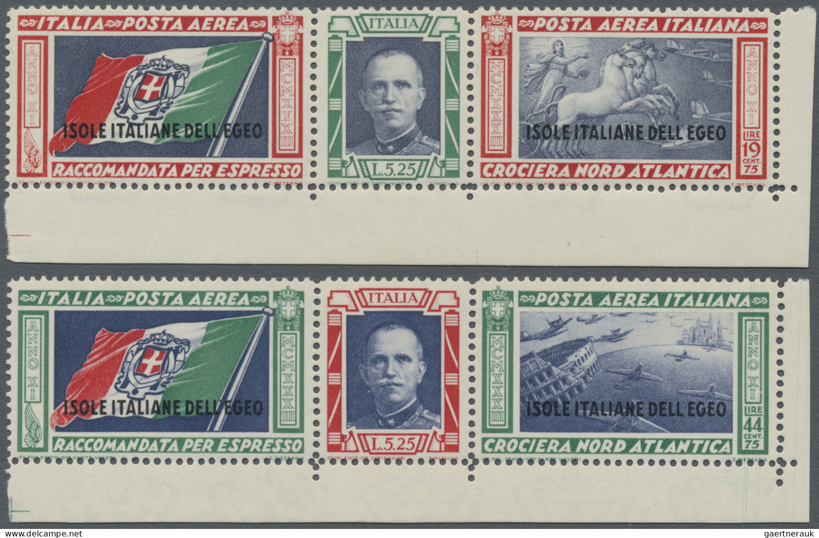 Aegean Islands: 1933, Balbo Flights, Air Mail Set Of Two Strips Of Three, Mint N - Aegean