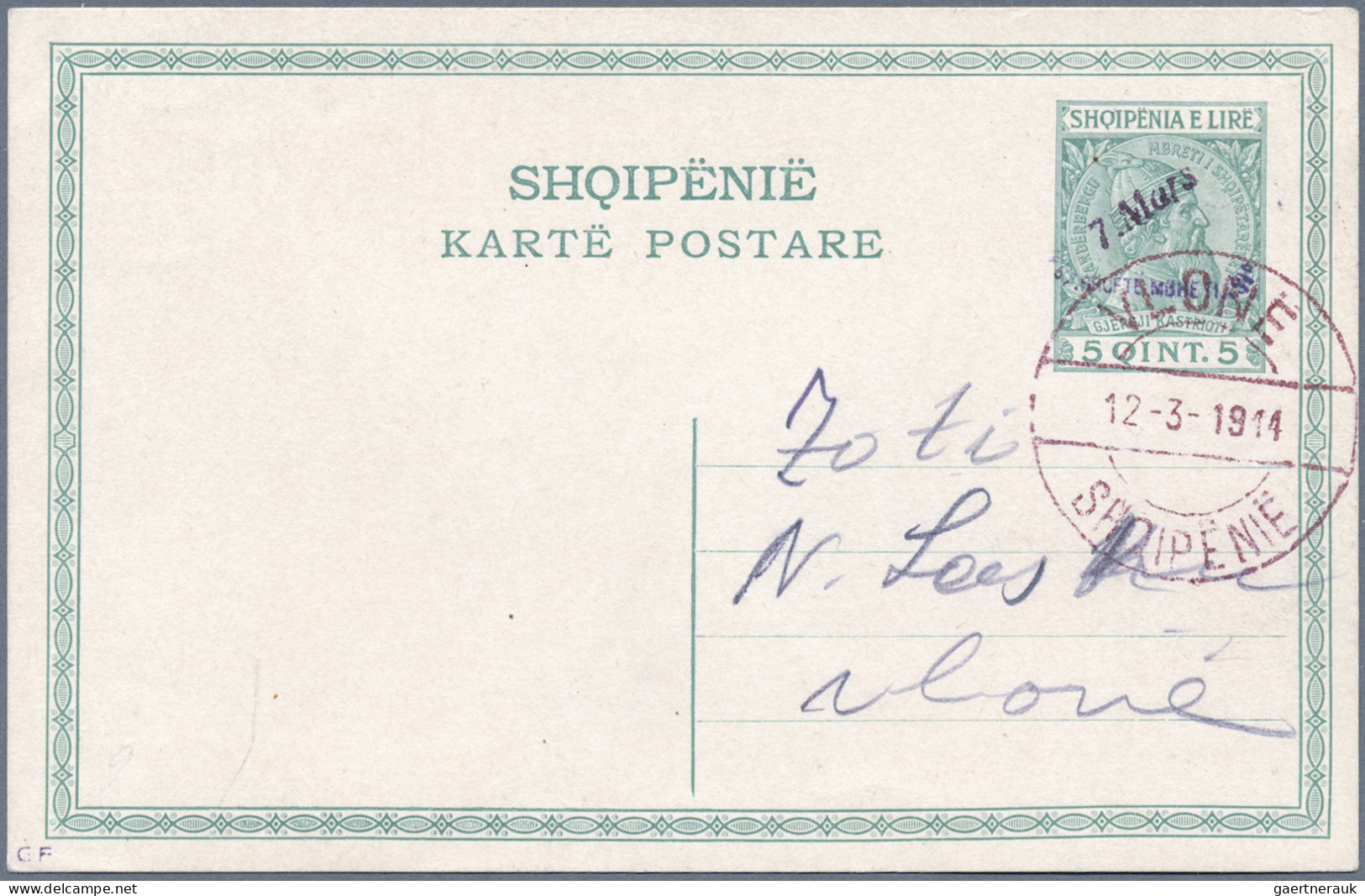 Albania - Postal Stationery: 1914, Prince William Surcharge, Card 5q. Green Clea - Albanie