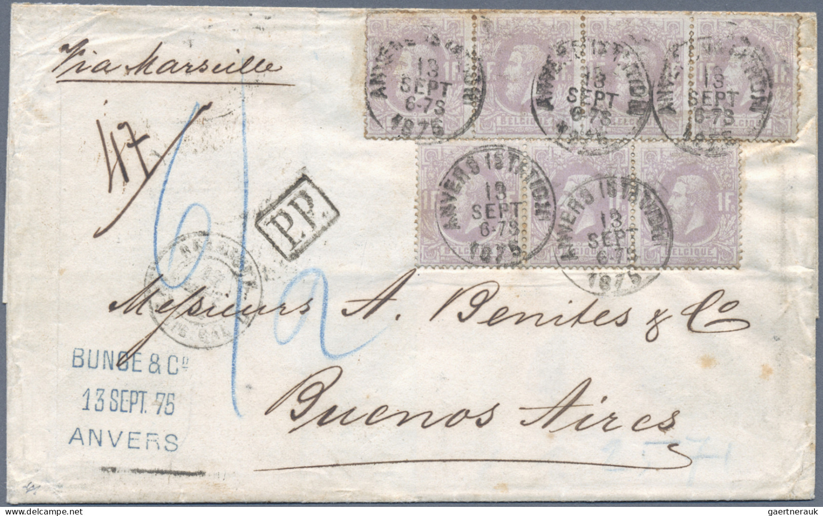 Belgium: 1875, Leopold 1fr. Lilac, Horizontal Strips Of Four And Of Three Paying - Brieven En Documenten