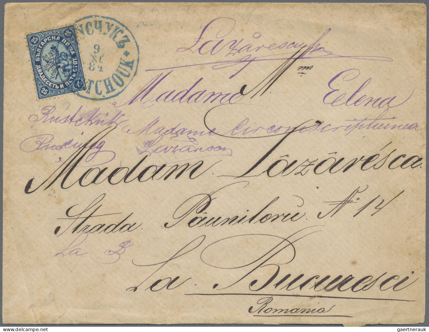 Bulgaria: 1882, 25 St Blue/light Blue Tied By Blue Bilingual "ROUSTCHOUK 9 XI 84 - Covers & Documents