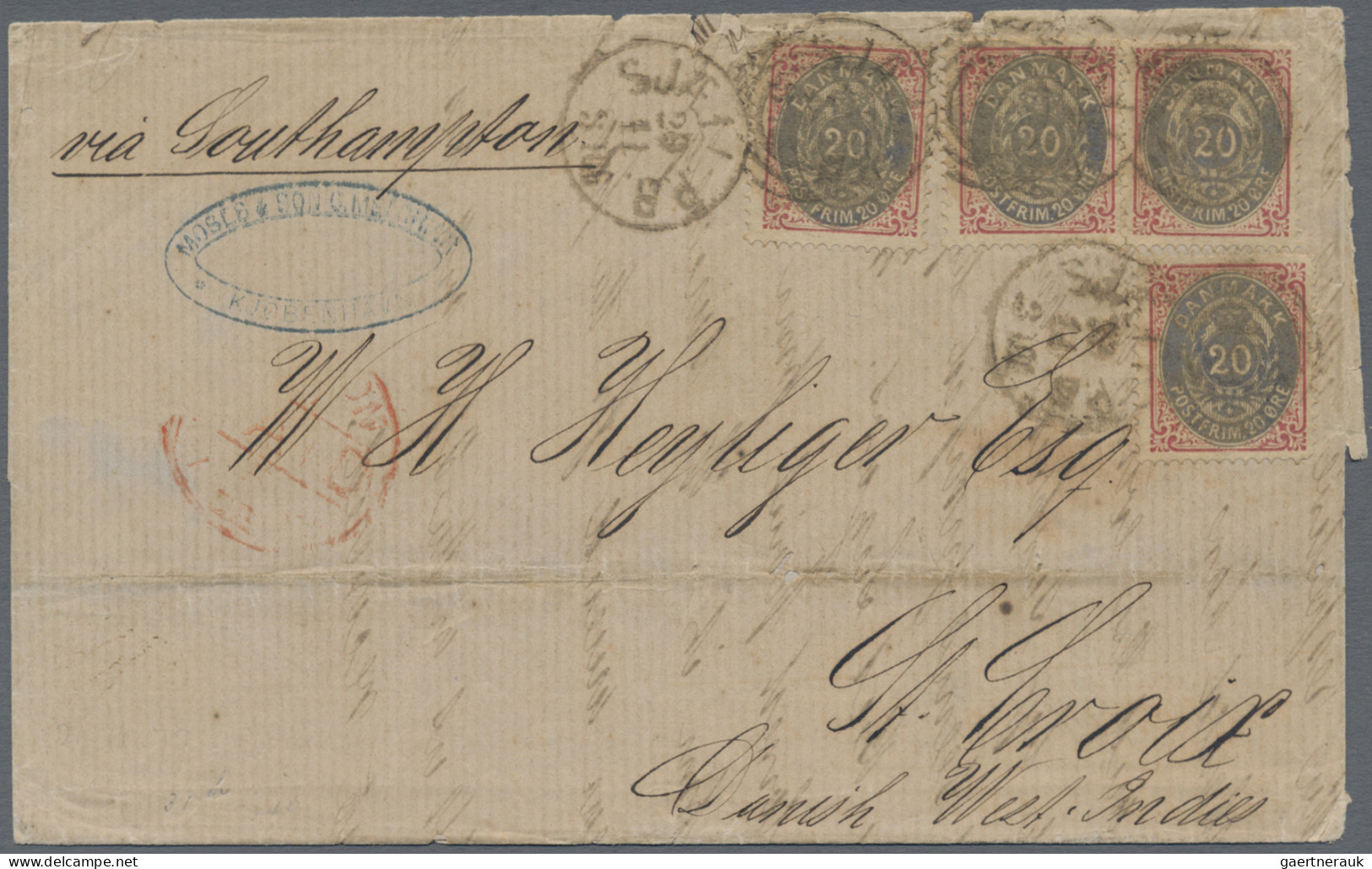 Denmark: 1877, INCOMING MAIL: Denmark 4 X 20 Öre Red And Grey, Tied By T.P.O. Du - Lettres & Documents