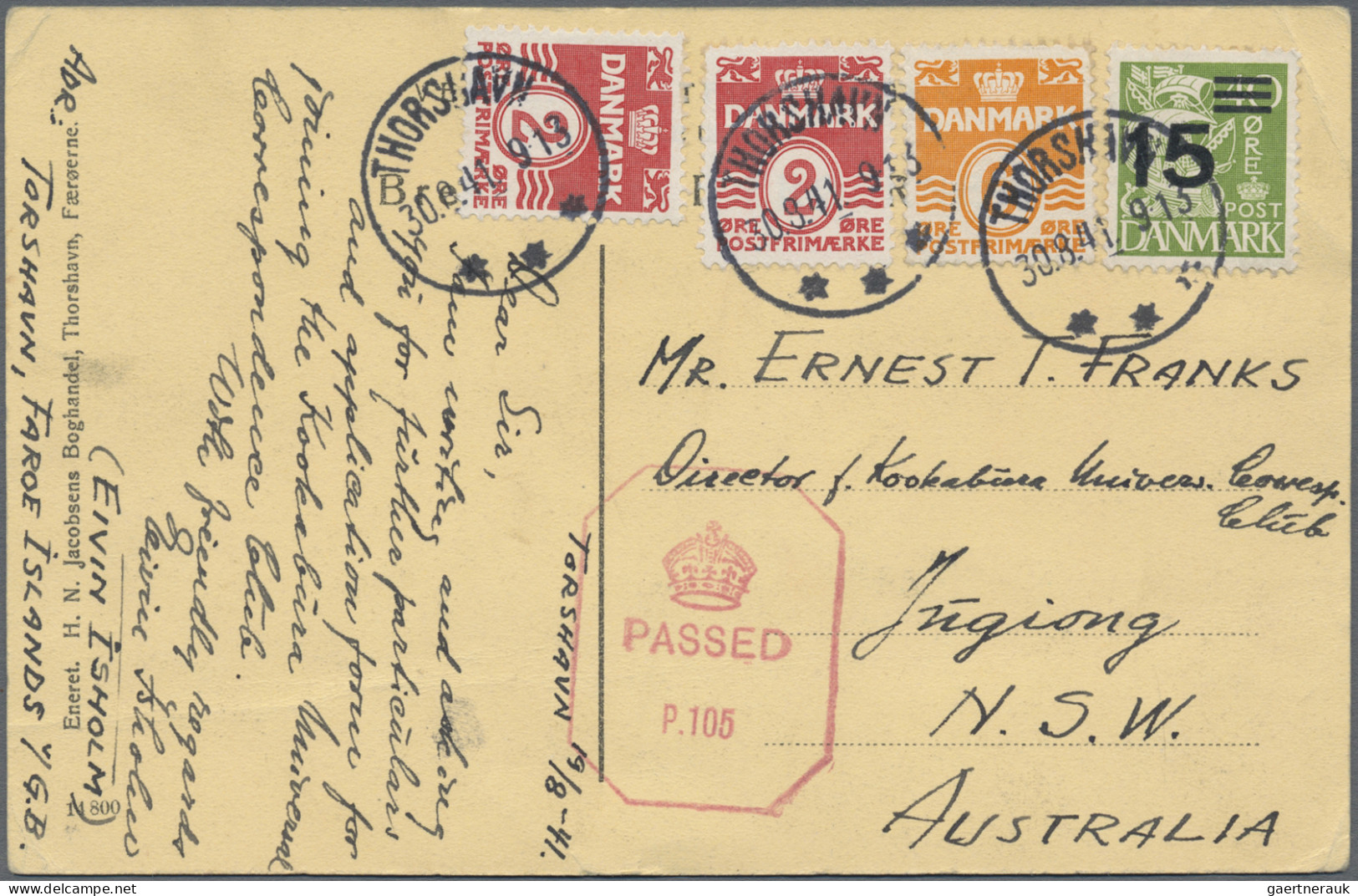 Faroe Islands: 1941, Picture Postcard From Thorshavn (30.08.41) To Australia, Ce - Färöer Inseln