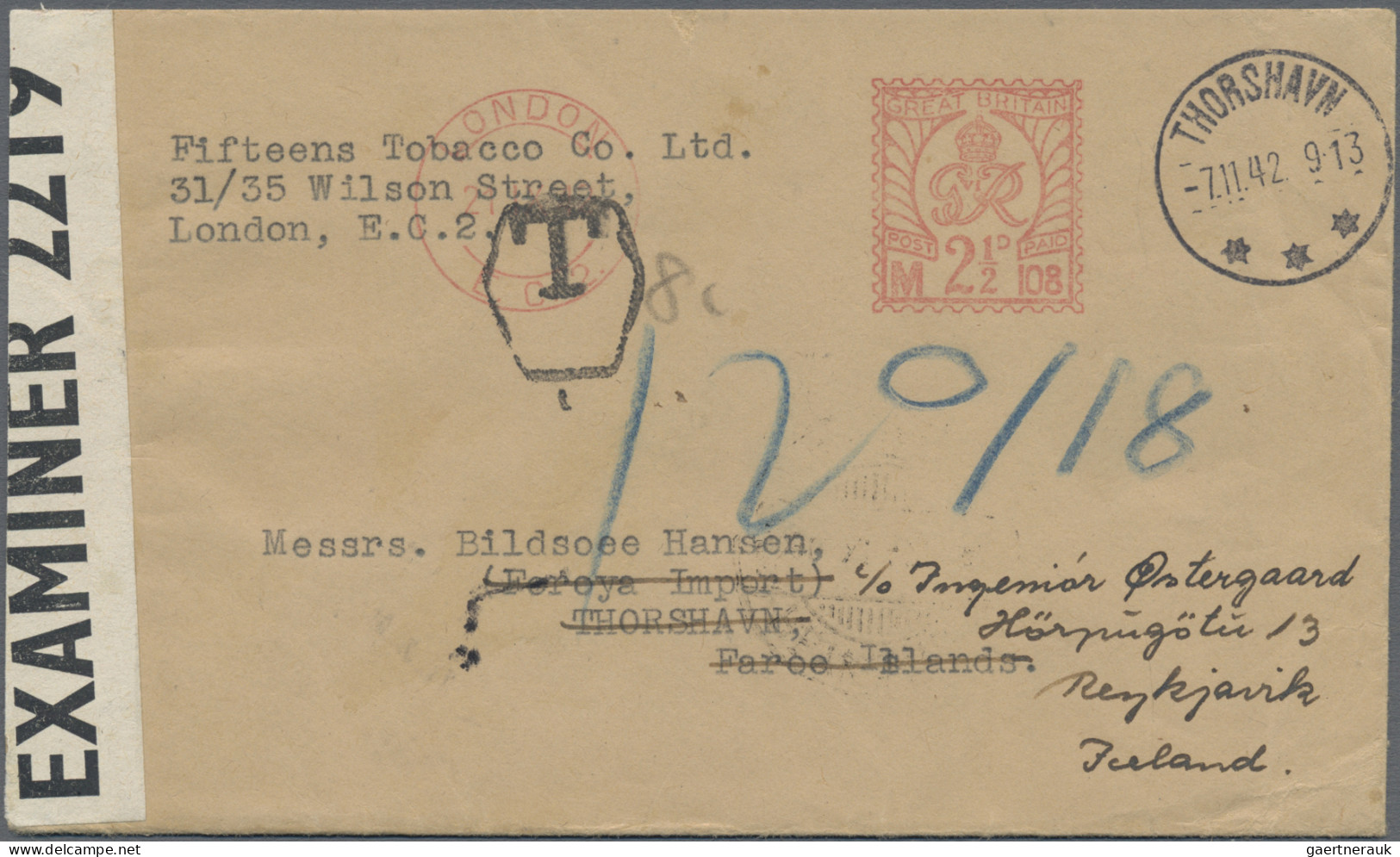 Faroe Islands: 1942. Cover From London To Thorshavn Redirected To Reykyavik (Ice - Féroé (Iles)