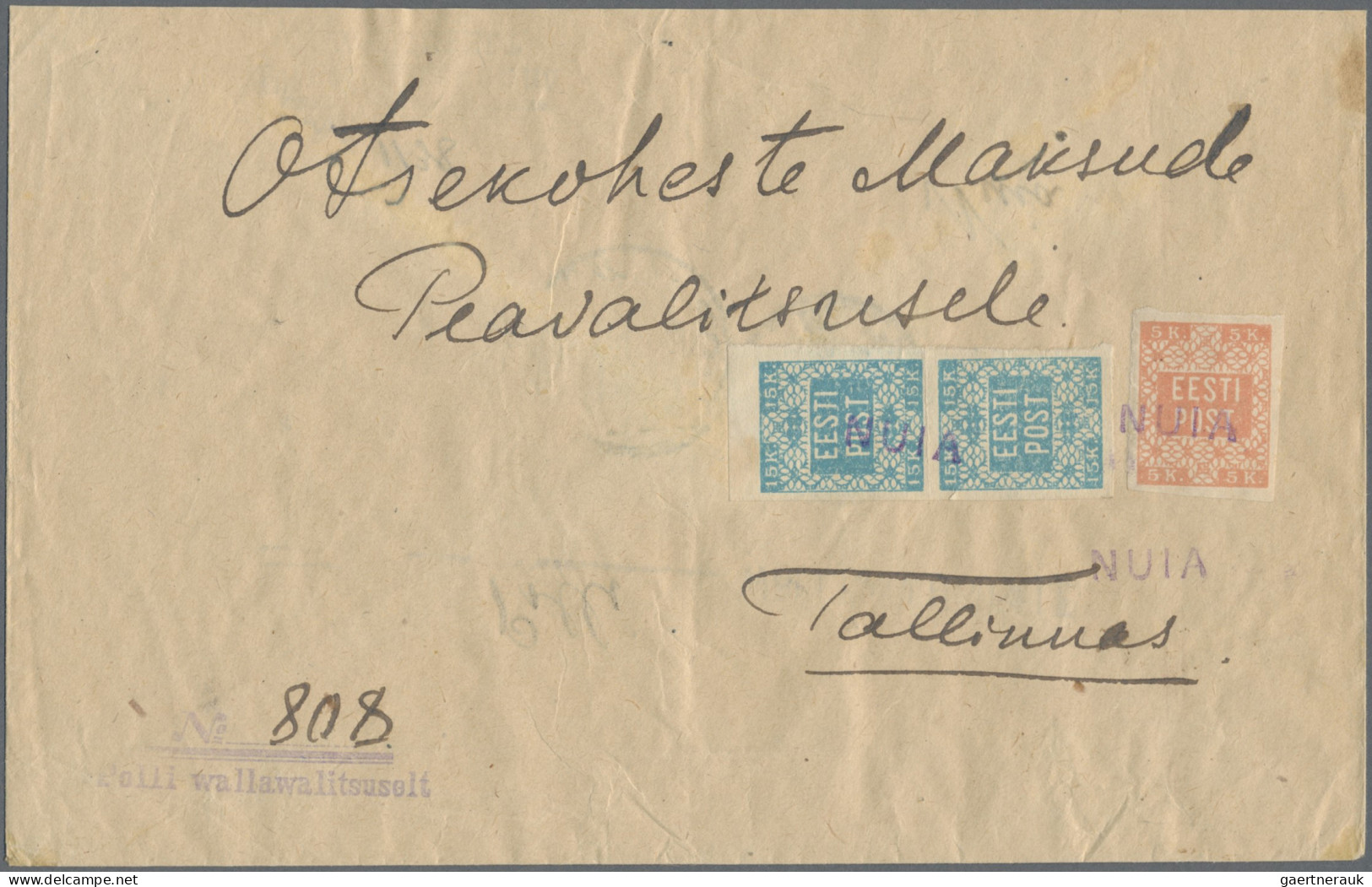 Estonia: 19195 K Organge And Vertical Pair 15 K Green Blue, Cancelled By Violet - Estonie