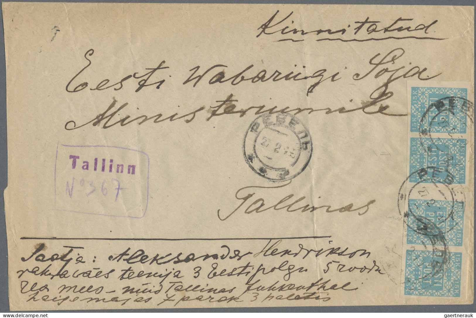 Estonia: 1919, 15 K Blue Green, Two Pairs, On Registered Cover With Provisory Re - Estonie