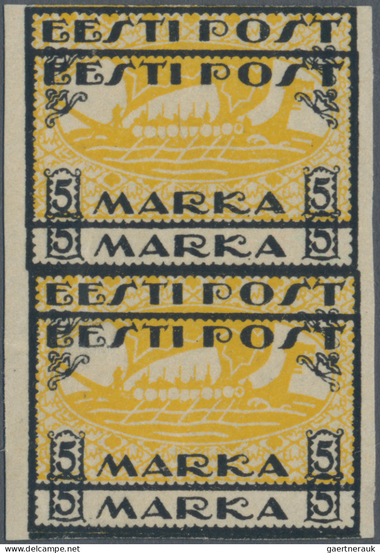 Estonia: 1919, Viking Ship, 5m. Black/yellow, Vertical Pair, Imperf. Proof On Wh - Estonie