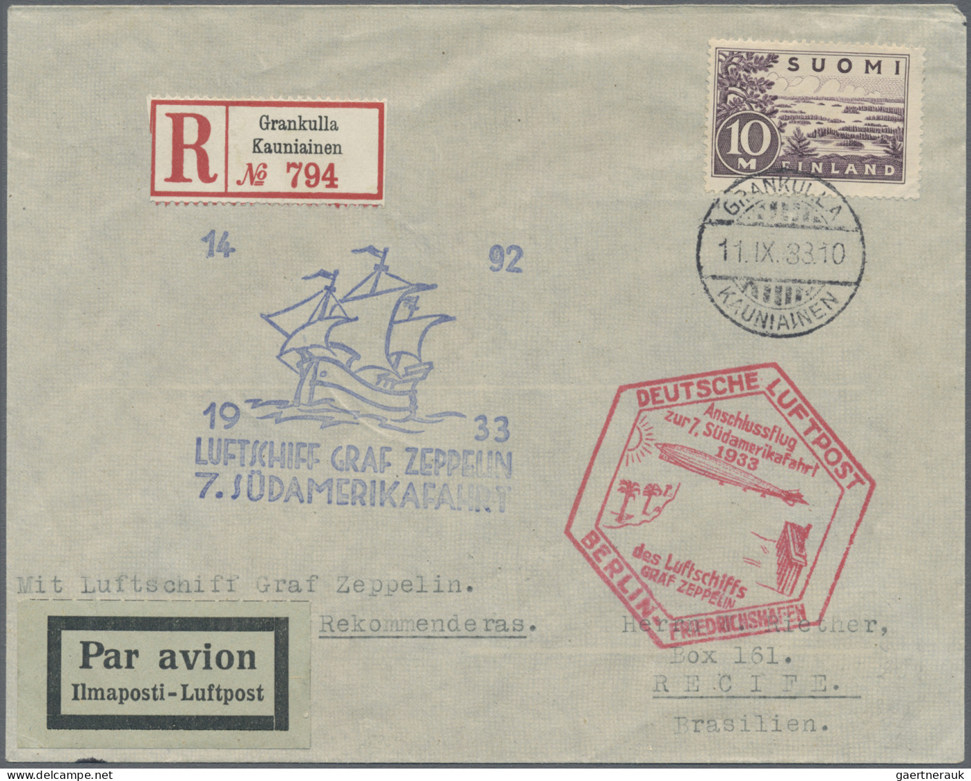 Finland: 1933, Zeppelin '7th South American Flight' With Berlin Connection Fligh - Brieven En Documenten