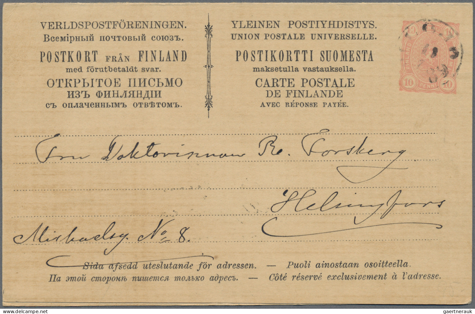 Finland - Postal Stationery: 1889, Double Card 10p.+10p. Carmine Used From "LOJO - Entiers Postaux