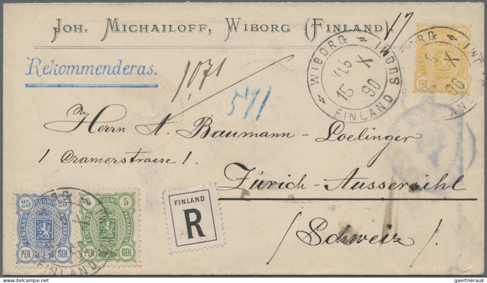 Finland - Postal Stationery: 1890/1891, Two Registered Stationery Envelopes (pen - Postal Stationery