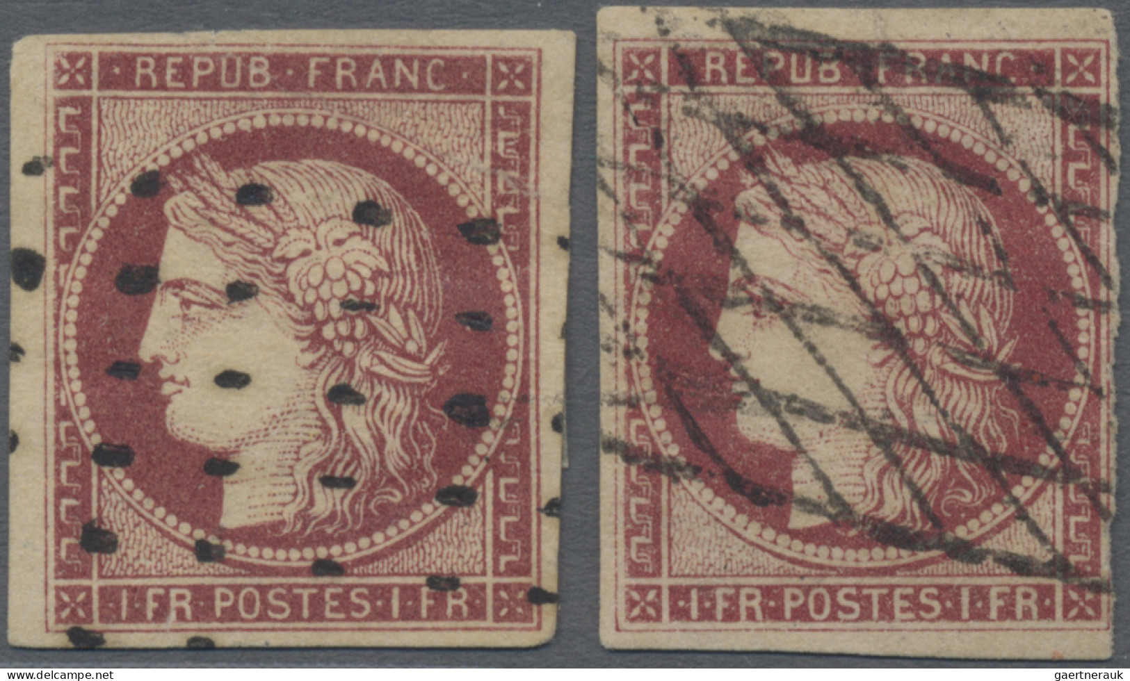 France: 1849 Ceres 1fr. Carmine, Two Singles Used With Faults, One Cancelled By - Gebraucht