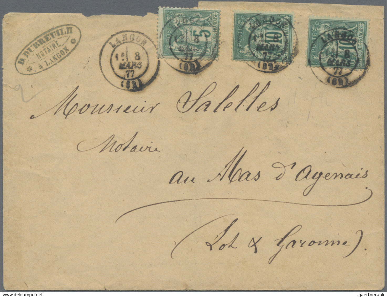 France: 1877, Sage Type II "N Sous U", 10c. Green (2) And 5c. Green, Correct 25c - Briefe U. Dokumente