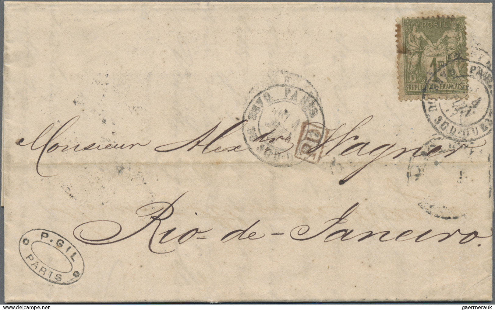 France: 1877, Sage 1fr. Olive, Two Lettersheets To Same Address In Rio De Janeir - Lettres & Documents