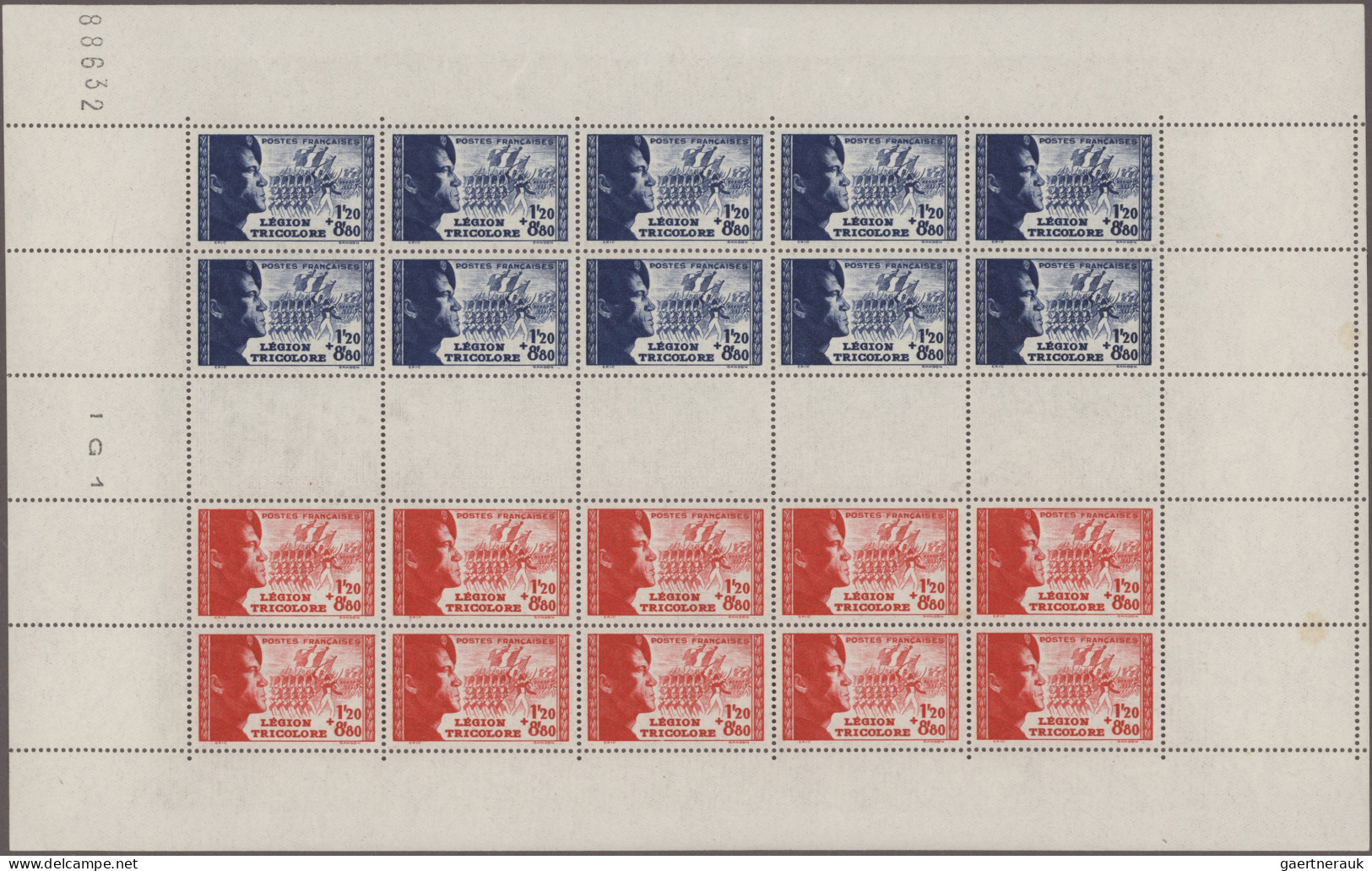 France: 1942/1943 Two Complete Se-tenant Sheets, With 1943 'Pétain' (five Se-ten - Unused Stamps