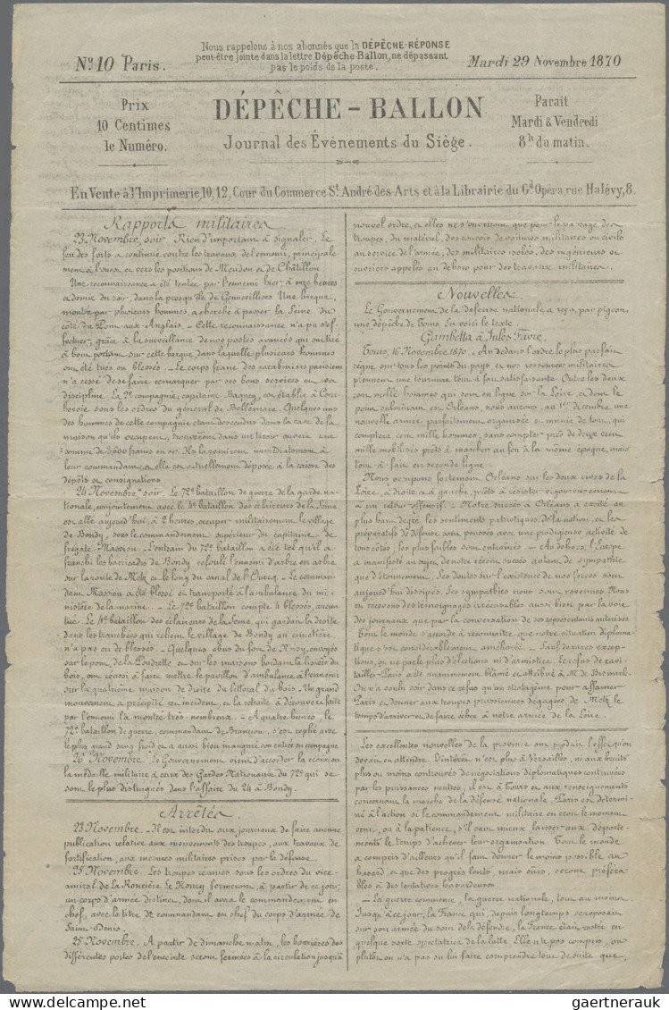 France - Ballon Monté: 1870, 29. Nov, "Depeche-Ballon" - Only The Journal Part, - 1960-.... Briefe & Dokumente