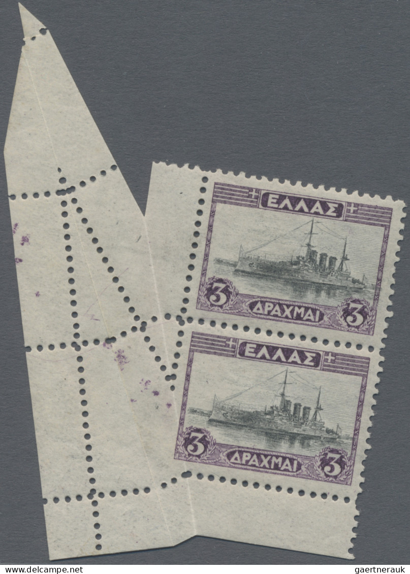 Greece: 1927 Definitive 3dr. Bottom Left Corner Pair MISPERFORATED Due To Folded - Unused Stamps