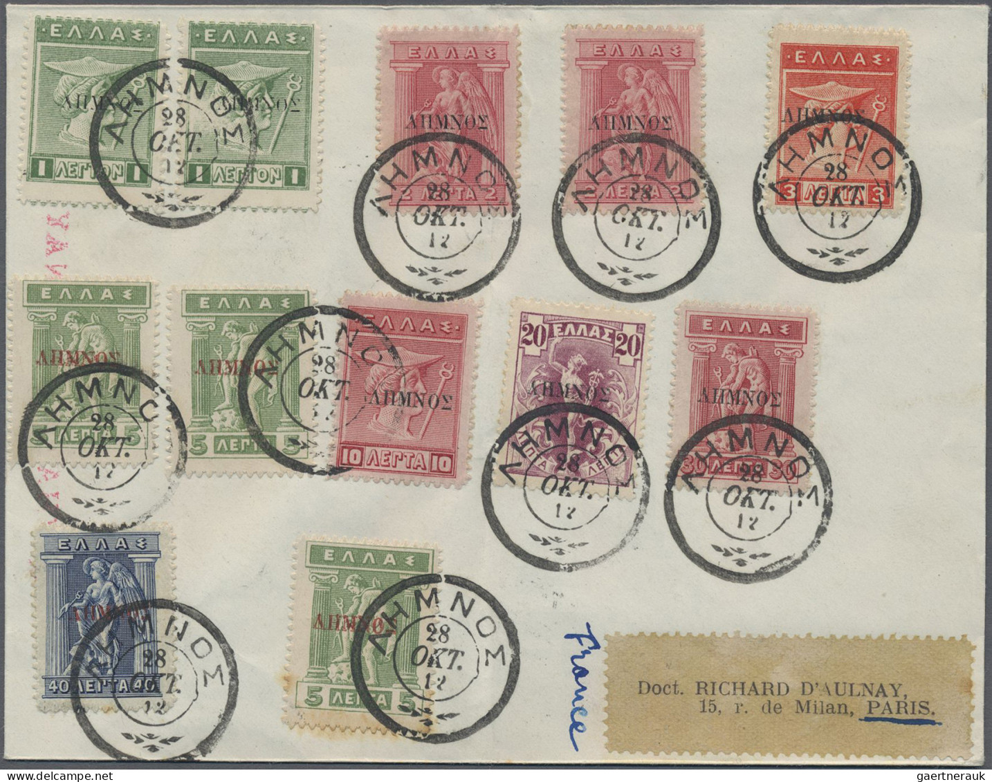 Greek Ocupations: 1912, Attractive Franking Of Twelve Values On Philatelic Cover - Lemnos