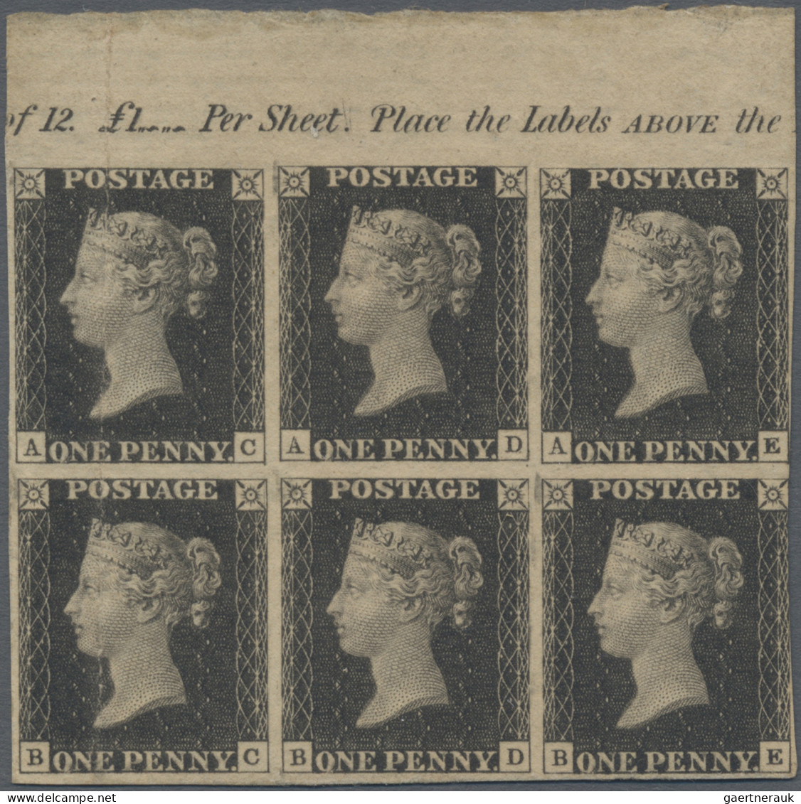 Great Britain: 1840 1d. Black, Plate 8, Horizontal MARGINAL BLOCK OF SIX From Th - Sonstige & Ohne Zuordnung