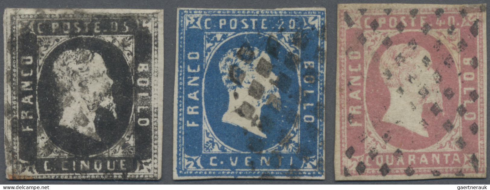 Italian States - Sardinia: 1851, VEII, 5 C Black, 20 C Blue And 40 C Rose, Compl - Sardinië