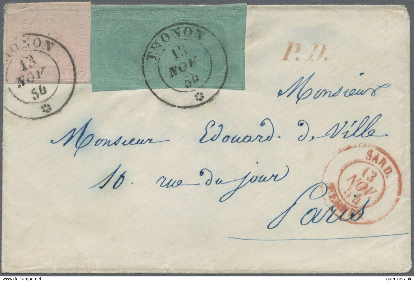 Italian States - Sardinia: 1854, Italy, Savoia, Sassone #4 (pair) (used Stamps O - Sardinien