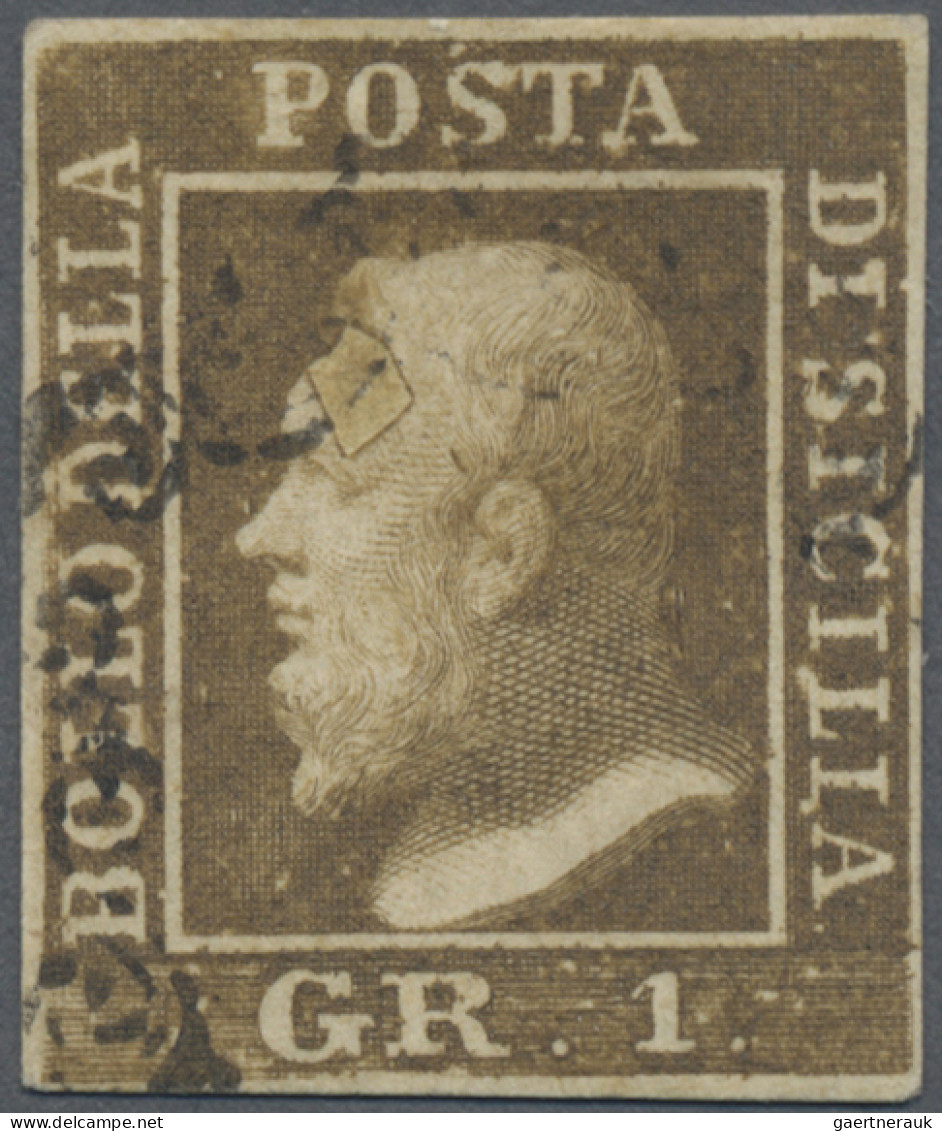 Italian States - Sicily: 1859, 1 Gr Olive Brown Used With Large Coloured Spot On - Sicile