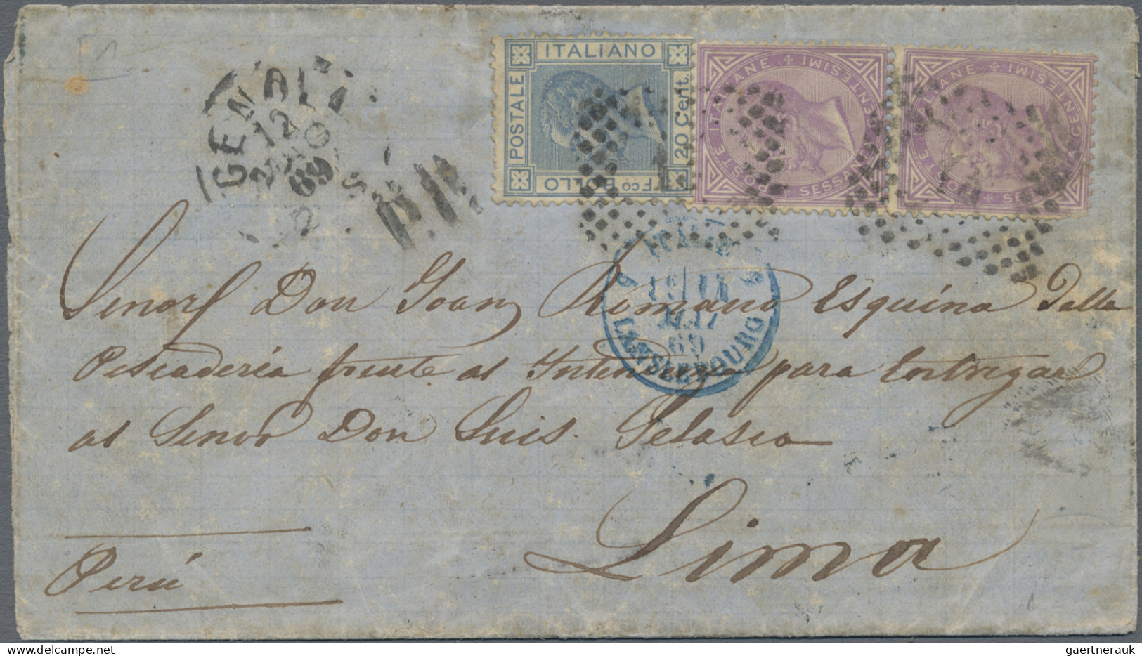 Italy: 1869, Vittorio Emanuele 60c. Violet Vertical Pair And Single 20c. Blue On - Marcophilia