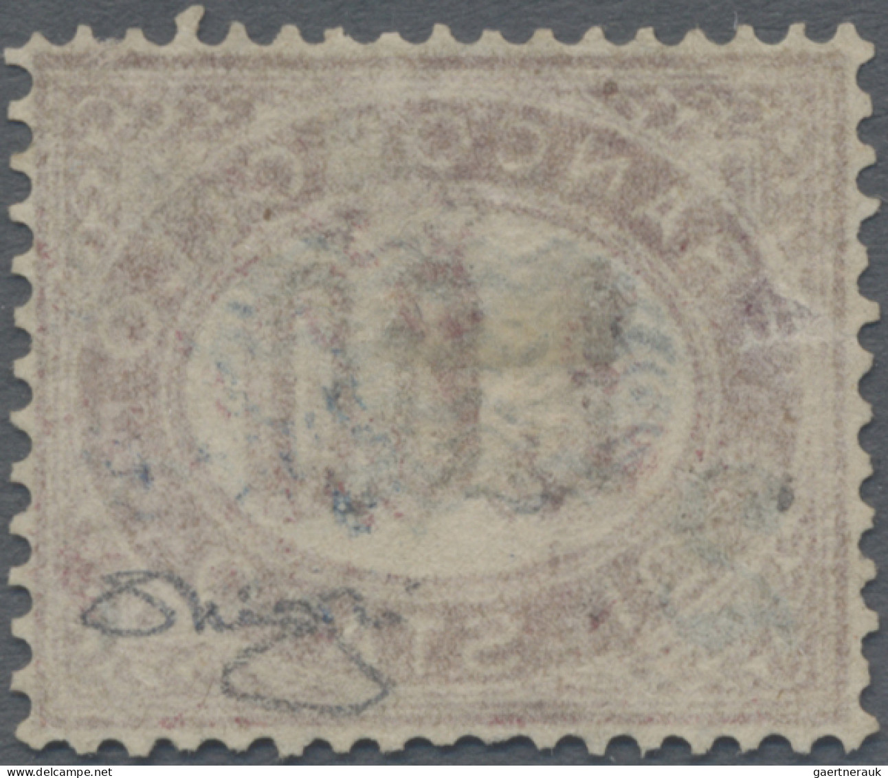 Italy: 1878, 2 C Blue On 1.00 L Dark Lila, Part Of The Overprint Missing (parts - Used