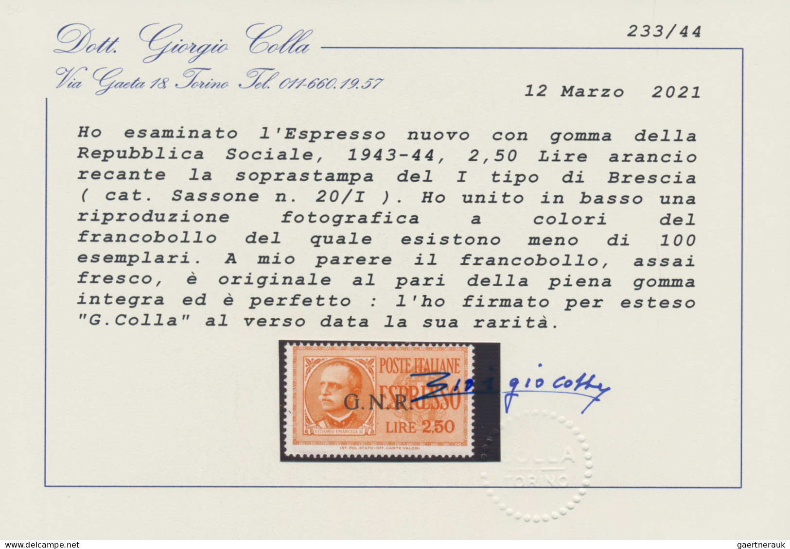 Italy: 1943, 2,50 L Orange "Espresso" (special Delivery) Stamp Overprinted "G.N. - Sonstige & Ohne Zuordnung