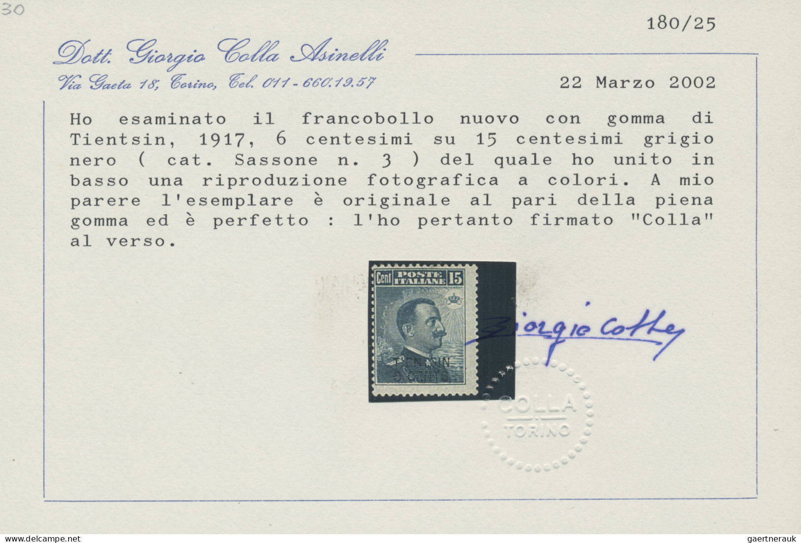 Italian POs In China: 1917, "TIENTSIN 6 CENTS" On 15c. Slate, Fresh Colour And W - Tientsin