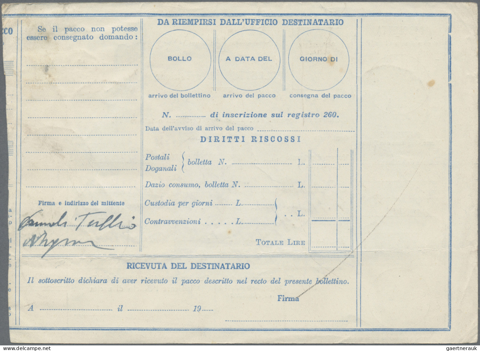 Italy - Postal Stationary: 1945, Parcel Despatch Form 40c. Blue Used From "PEDEM - Postwaardestukken