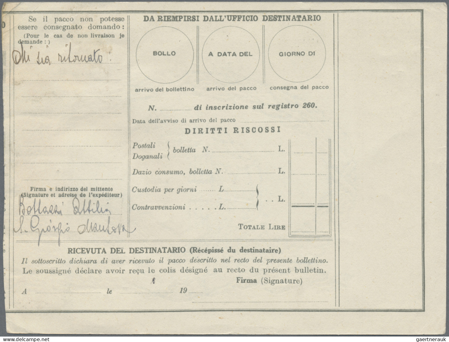 Italy - Postal Stationary: 1945, Parcel Despatch Form 2.50lire Grey Used From "S - Entiers Postaux