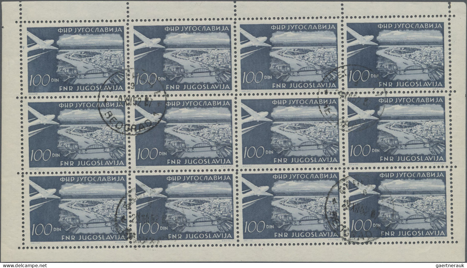 Yugoslavia: 1951 100 Din Airmail In Sheets Of 12 In Both Color Shades, CTO. - Other & Unclassified