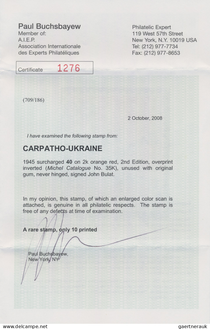 Carpathian Ukraine: 1945, 40 Auf 2F, INVERTED OVERPRINT, MNH, Signed Bulat. Just - Ukraine